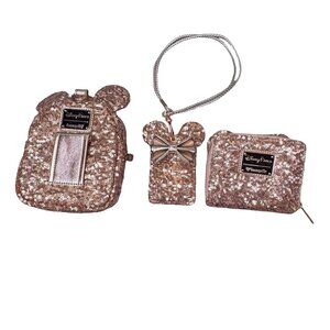 Disney Loungefly Rose Gold Sequin Mini Backpack Wallet Cardholder Set Lanyard